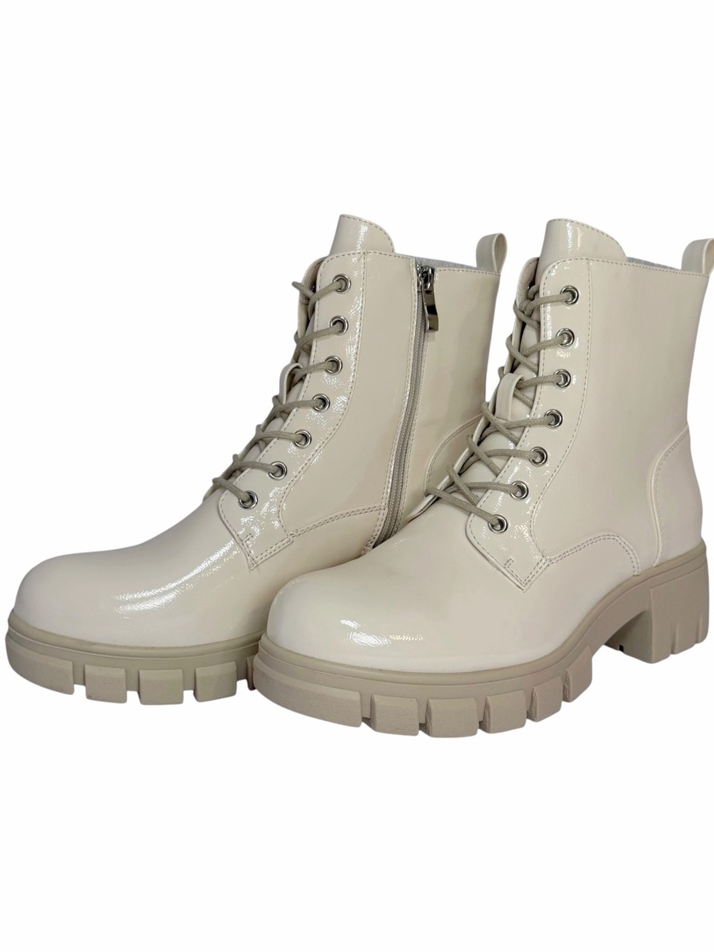 Hey Girl by Corkys Cray Combat Boots Women’s 9 Ivory Patent Lug Sole Zip